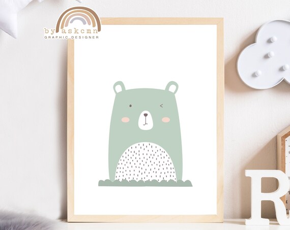 Sage Green Winking Bear Nursery Animal Minimalist Decor Poster