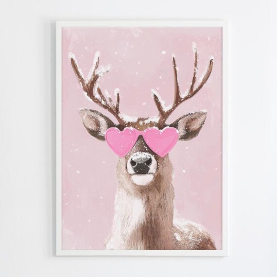 Snowy Deer Wearing Pink Heart Sunglasses Christmas Decor Poster