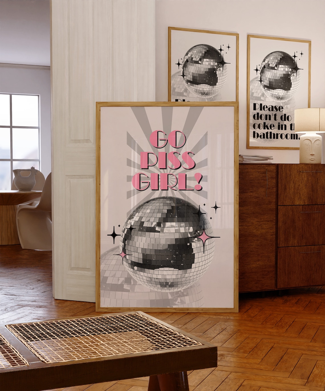 Go Piss Girl Disco Ball Funny Bathroom Retro Pink Party Wall Art - Image 2