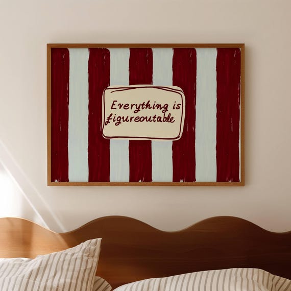 Everything Is Figureoutable Quote Print Horizontal Above Bed Wall Art Handdrawn Retro Blue Burgundy Striped Typography Oil Painting Poster
