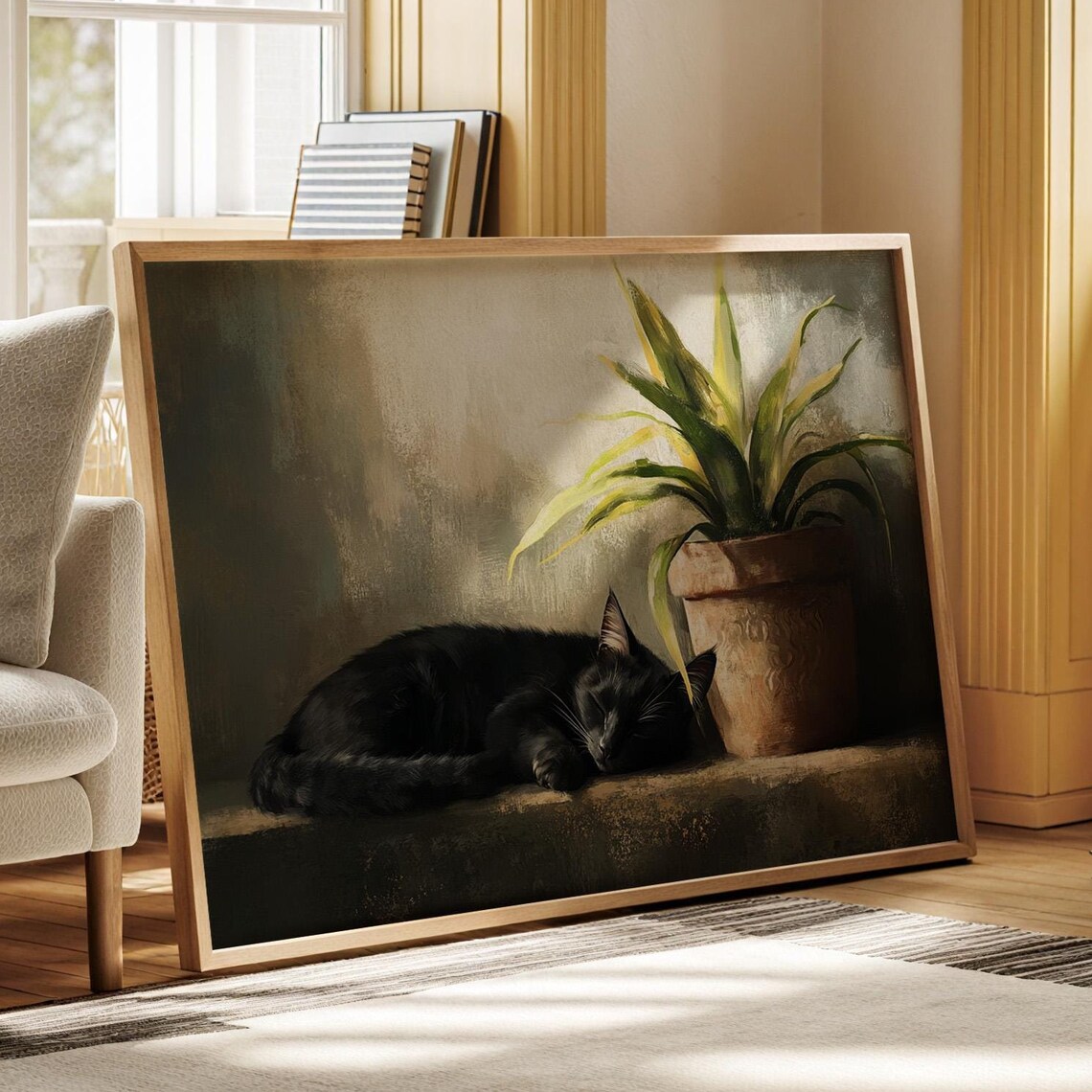 Black Cat Sleeping Peacefully by Sunny Window Plant Cozy Art Print