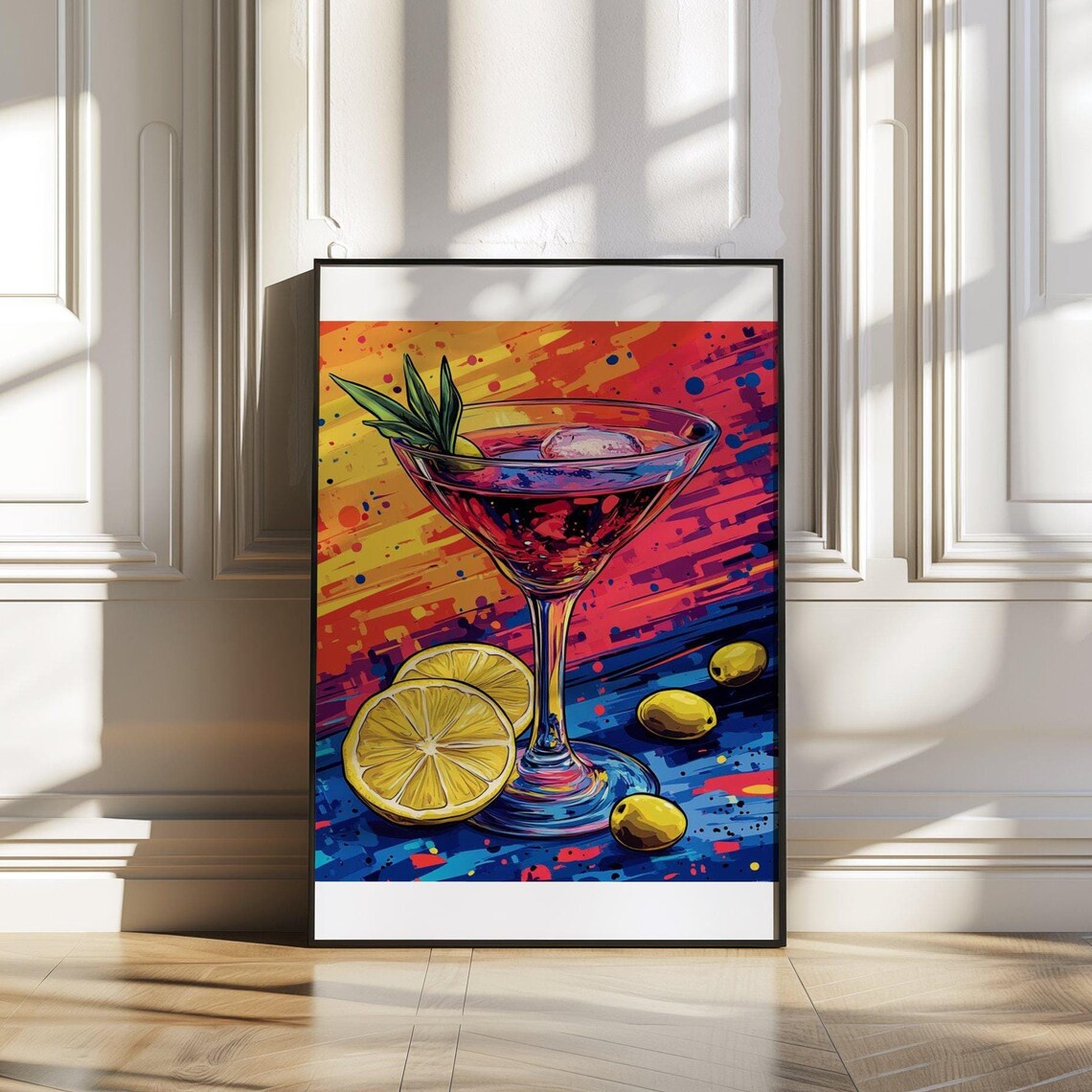 Pop Art Red Coupe Cocktail With Lemon Slices and Olives Poster