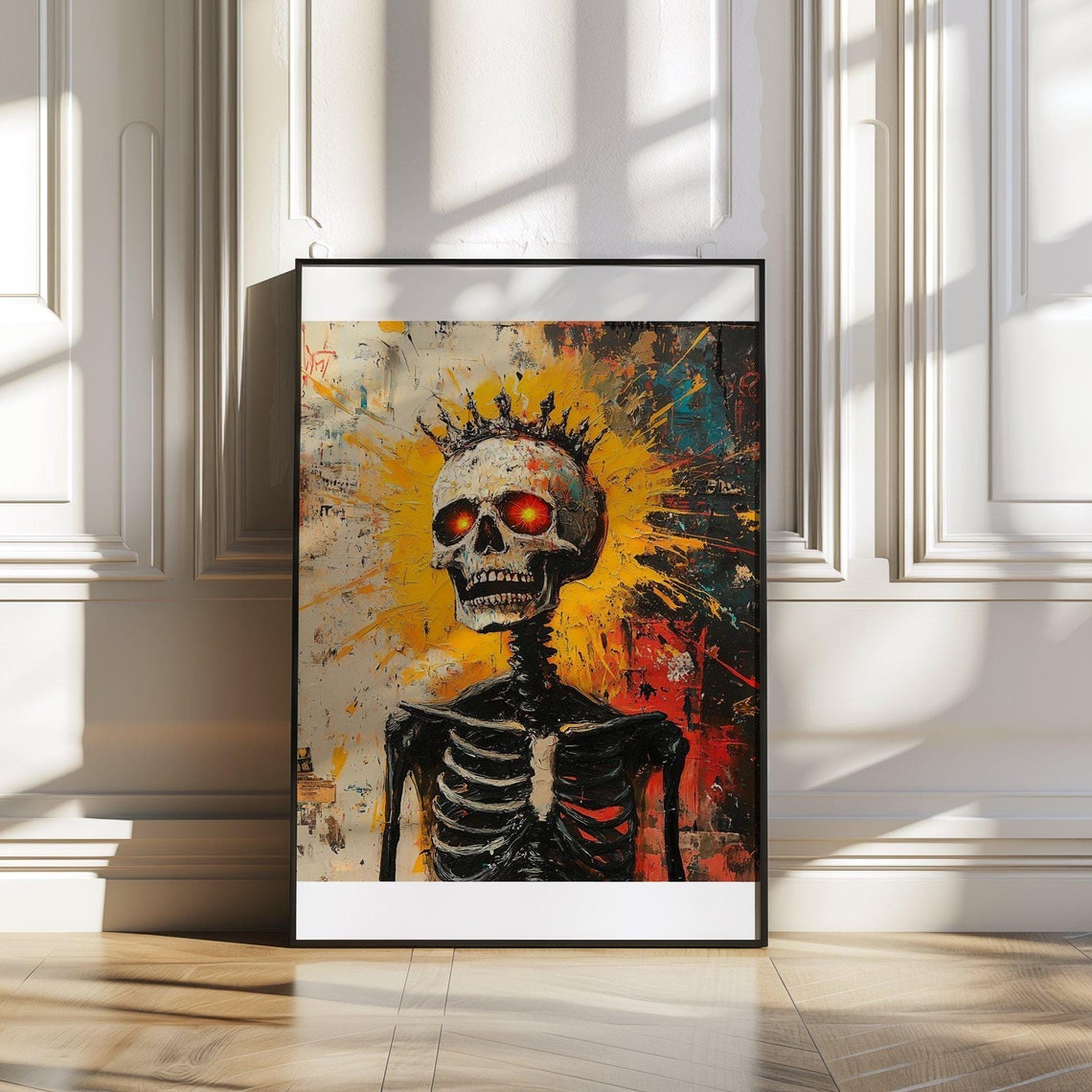 Vibrant Skeleton Wall Art Skull With Crown Poster Colourful Abstract Skeleton Print Unique Gothic Dcor Modern Art For Home