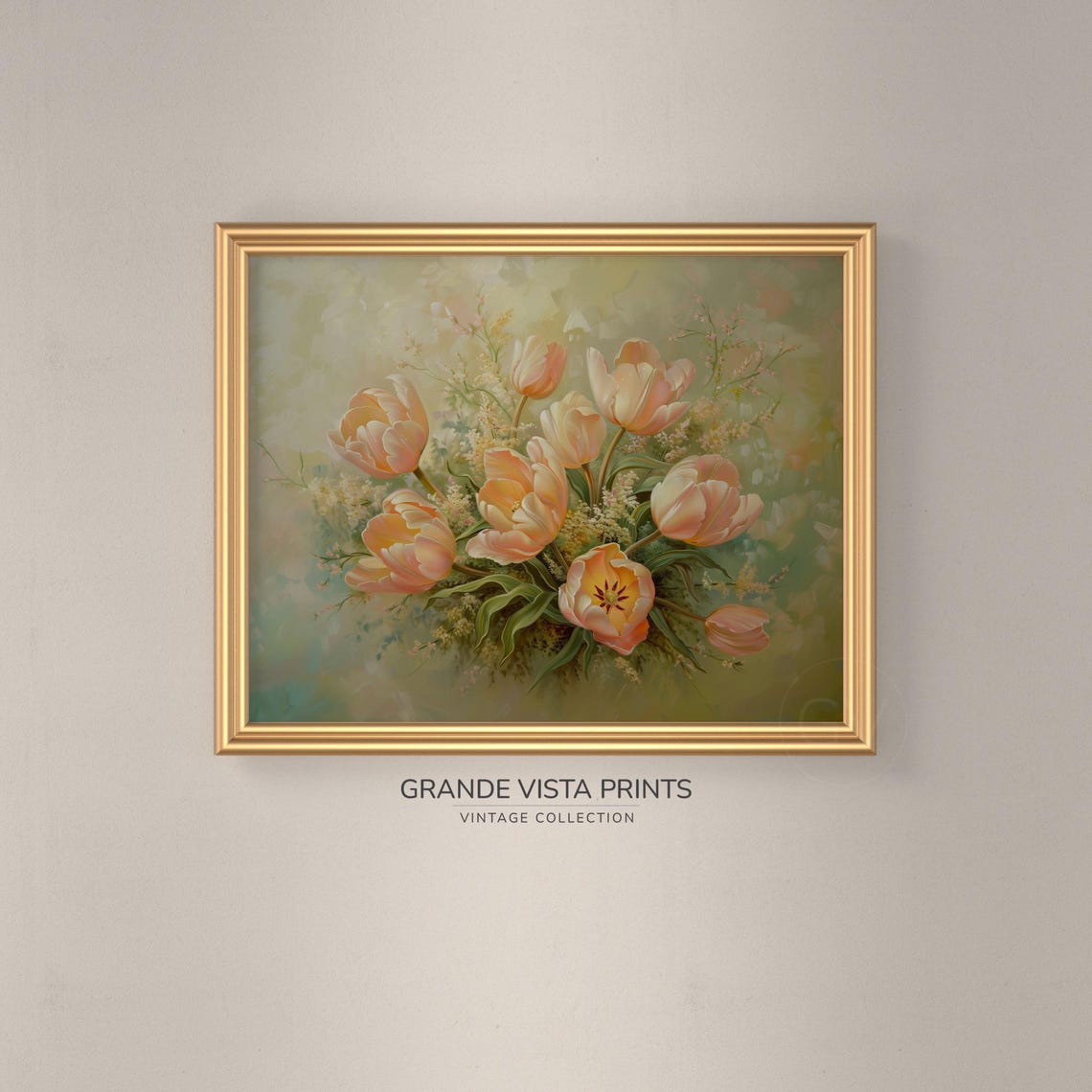 Peach Pink Tulip Bouquet Soft Floral Still Life Vintage Wall Art - Image 3
