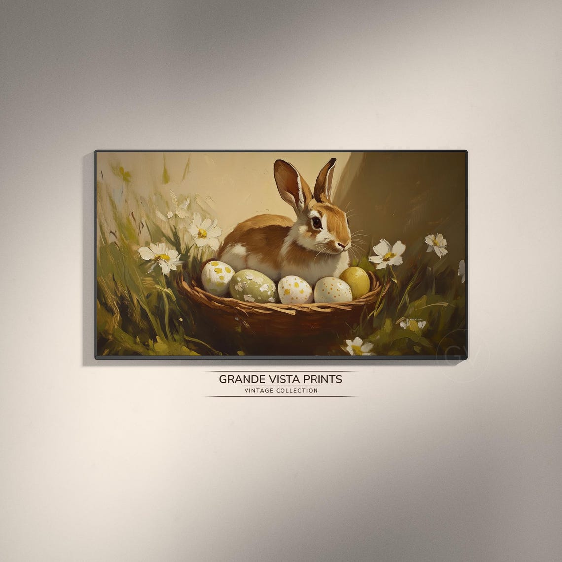 Brown Bunny in Basket with Painted Eggs Daisies Spring Wall Art