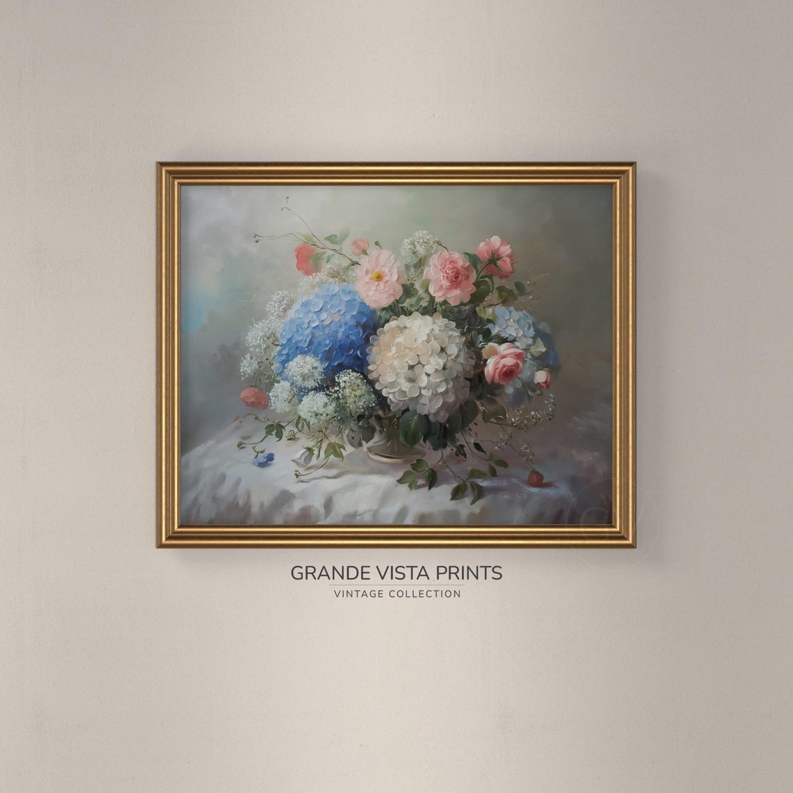 Blue White Hydrangeas Pink Roses Glass Vase Bouquet Floral Wall Poster - Image 3