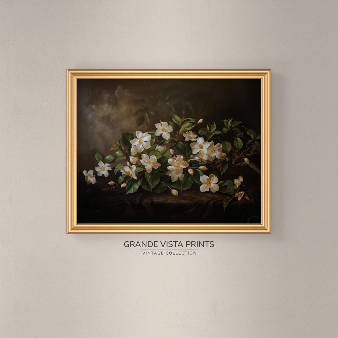 White Blossom Branch Dark Brown Background Floral Still Life Wall Art - Image 3