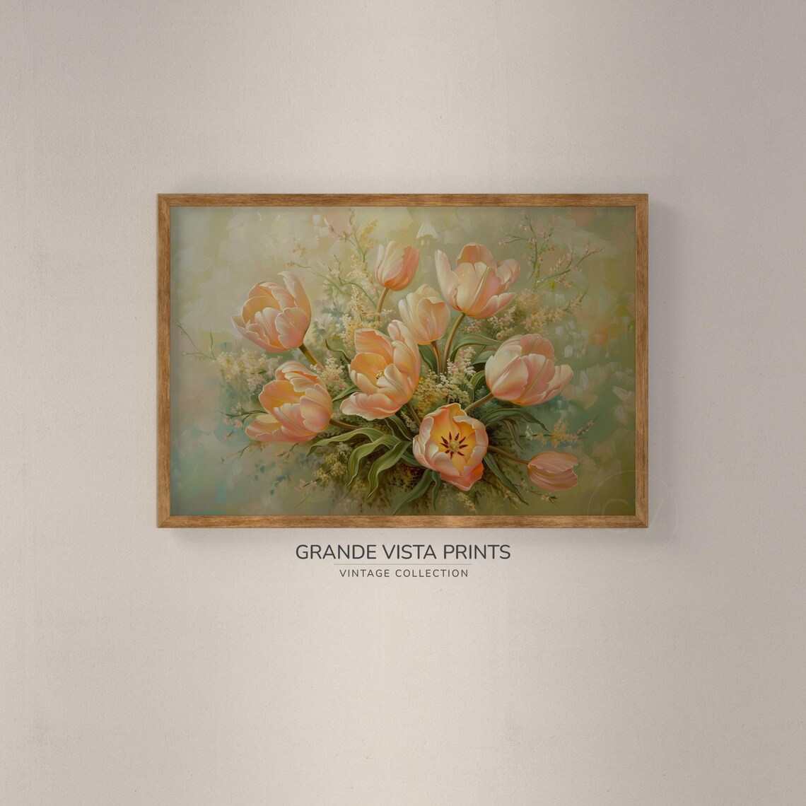 Peach Pink Tulip Bouquet Soft Floral Still Life Vintage Wall Art - Image 2