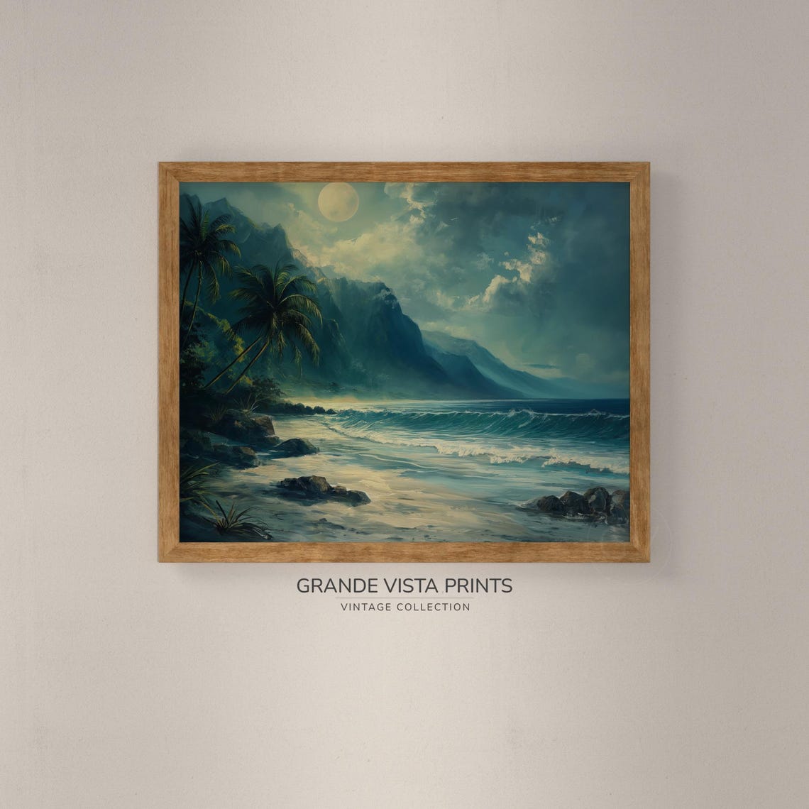 Tropical Night Coast Full Moon Palms Surf Mountain Travel Poster - Image 4