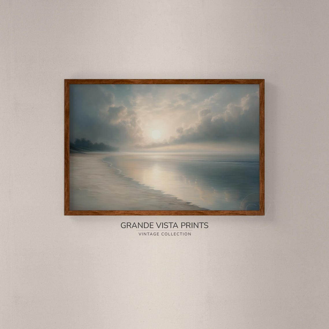 Misty Beach Sunrise Calm Shore Soft Clouds Serene Ocean Travel Poster - Image 2