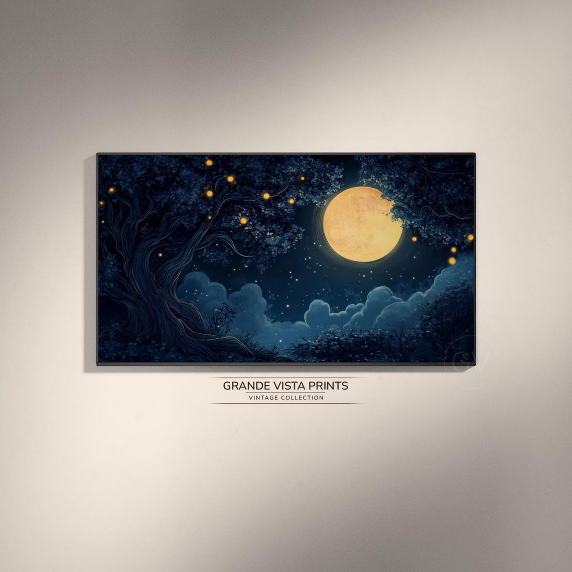 Full Moon Night Forest Glow Fireflies Vintage Wall Art Poster