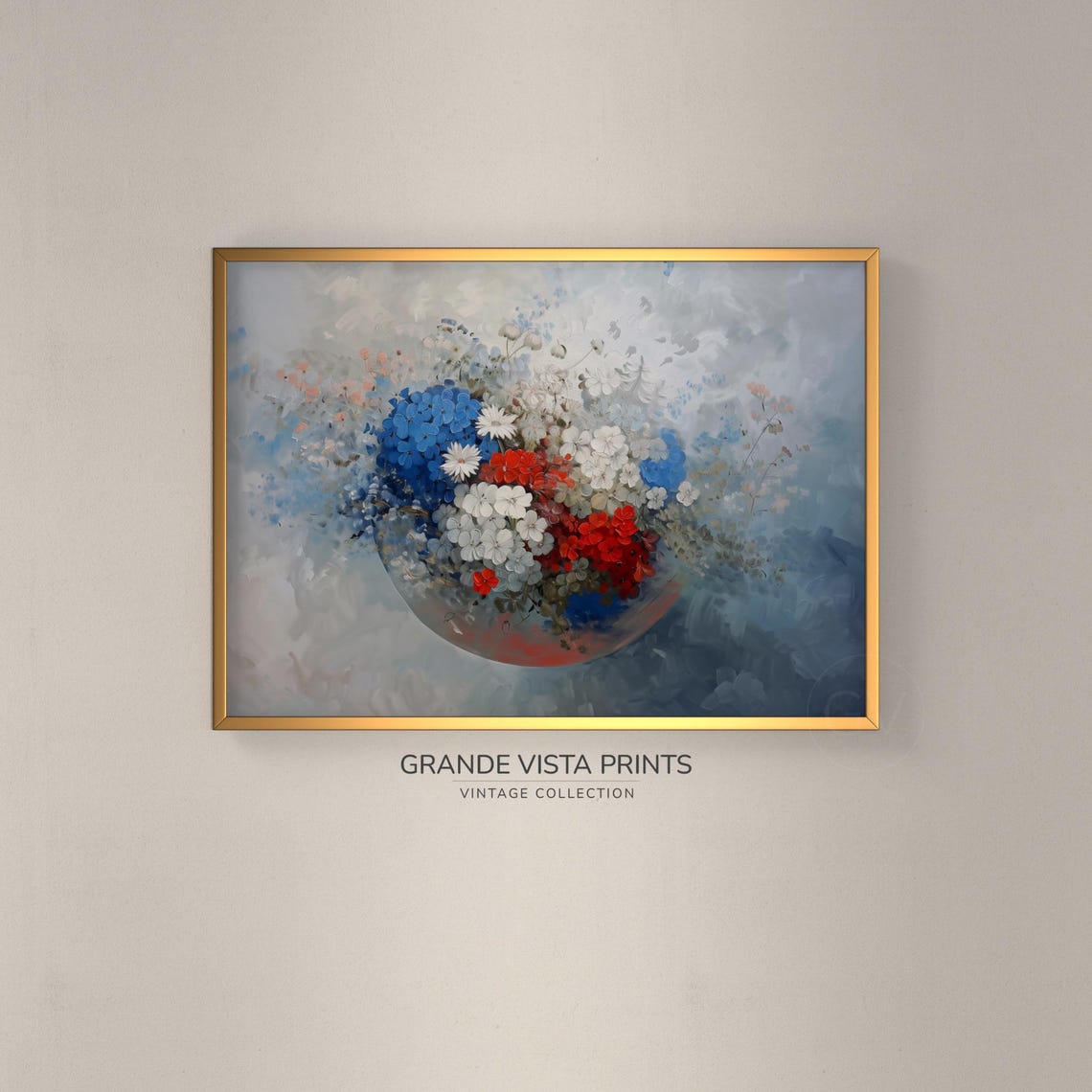 Blue Hydrangea White Red Flowers Glass Bowl Cool Blue Floral Poster