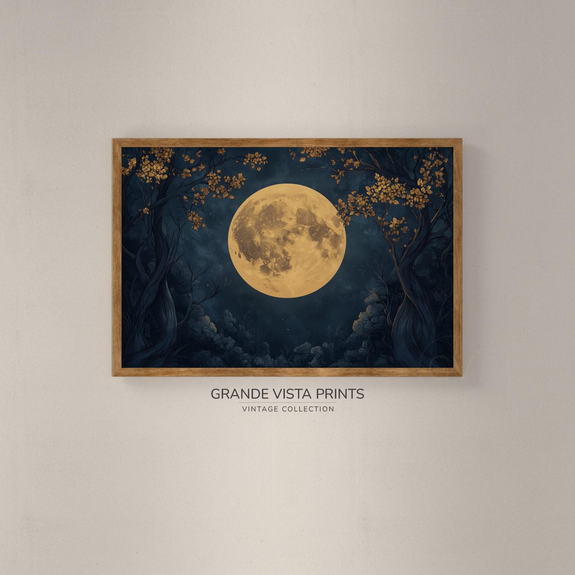 Golden Full Moon Glowing Through Dark Twisted Forest Night Art Poster - Image 2