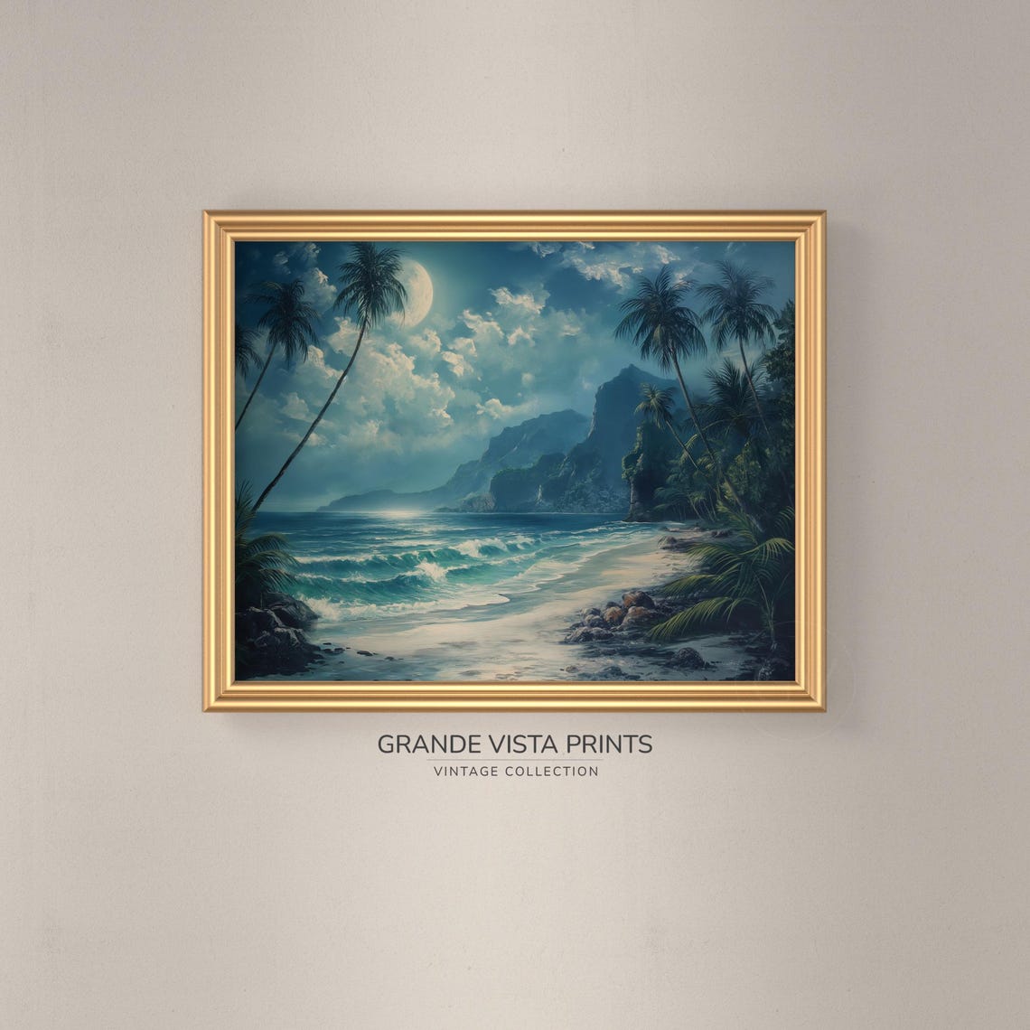 Tropical Moonlit Beach Palm Shore Cliffs Ocean Waves Travel Poster - Image 3