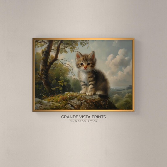 Tabby Kitten On Rock Vintage Cute Cat Painting Forest Animal Wall Art Poster