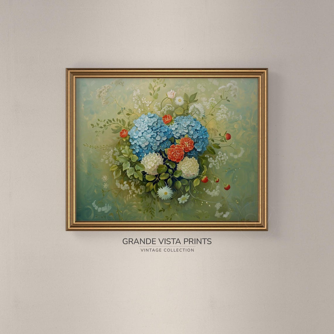 Blue Hydrangea Red Blossom Vine Vintage Floral Wall Art Poster - Image 3