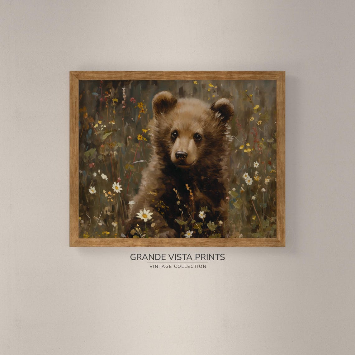 Brown Bear Cub Daisy Meadow Vintage Wildlife Wall Art Poster - Image 4
