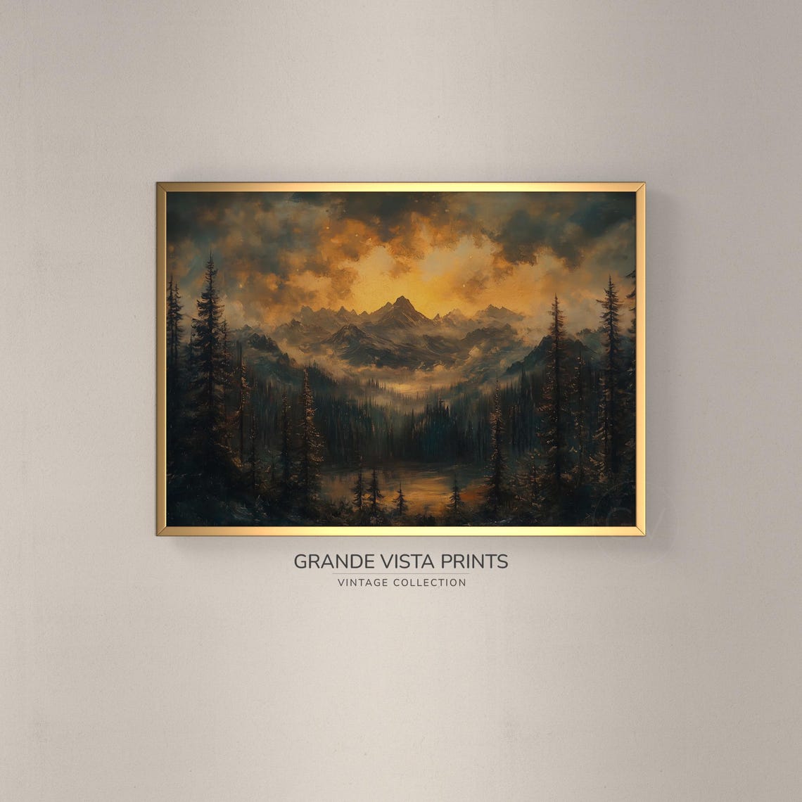 Golden Sunset Glow Dark Pine Forest Mountain Lake Vintage Poster