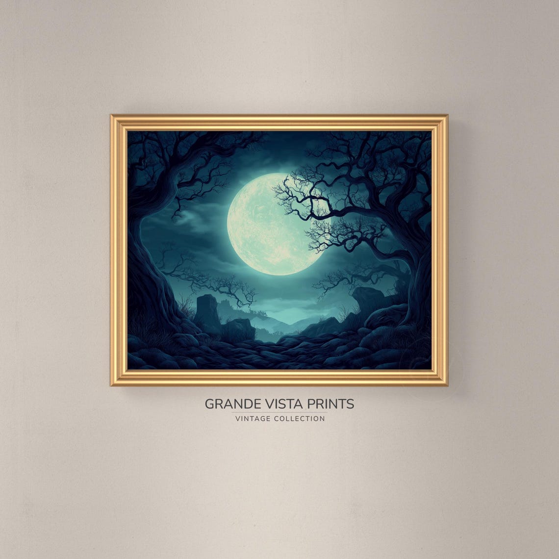 Blue Moon Rising Over Twisted Bare Trees Rocky Night Path Art Poster - Image 3