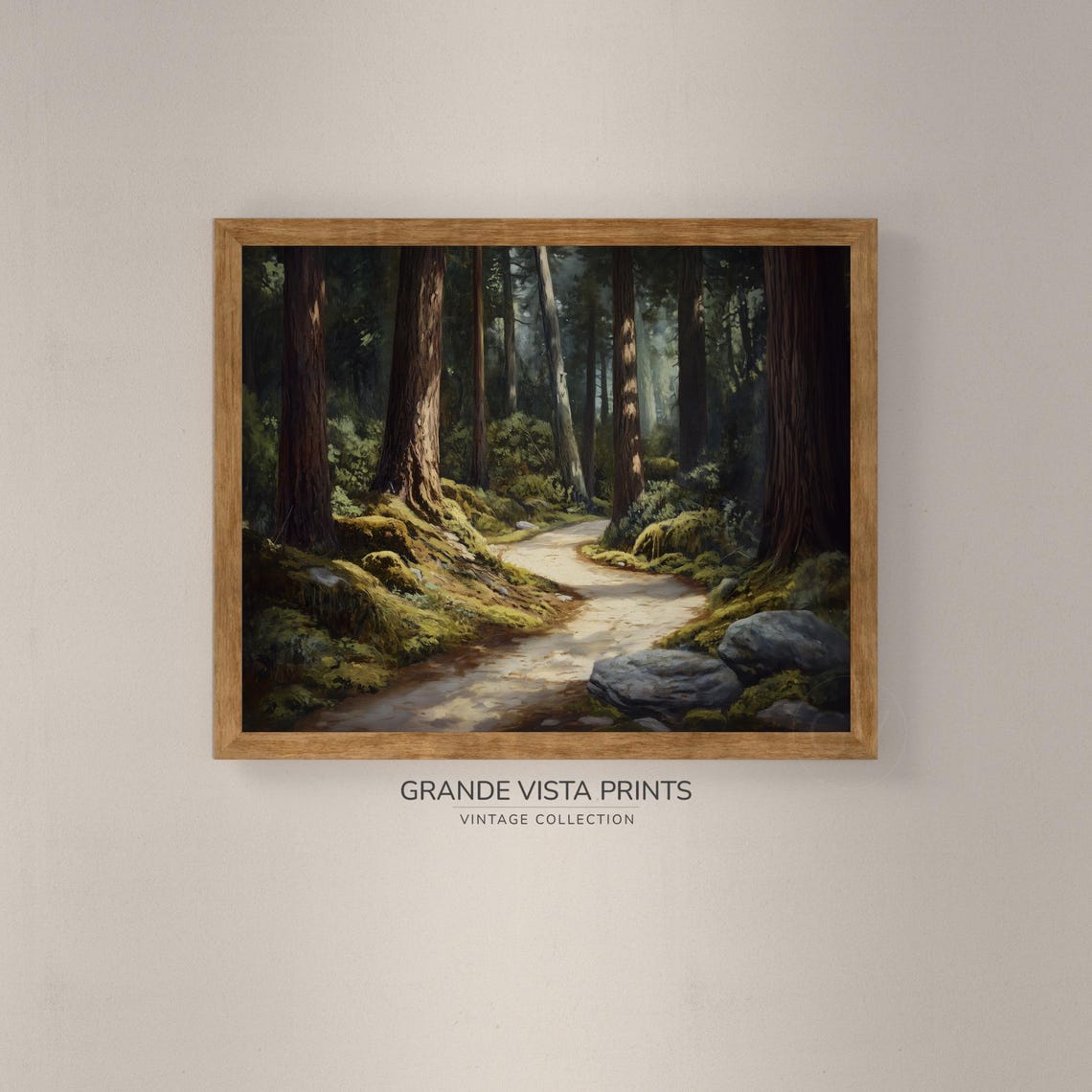 Sunlit Redwood Forest Path Mossy Boulders Towering Trees Poster - Image 4