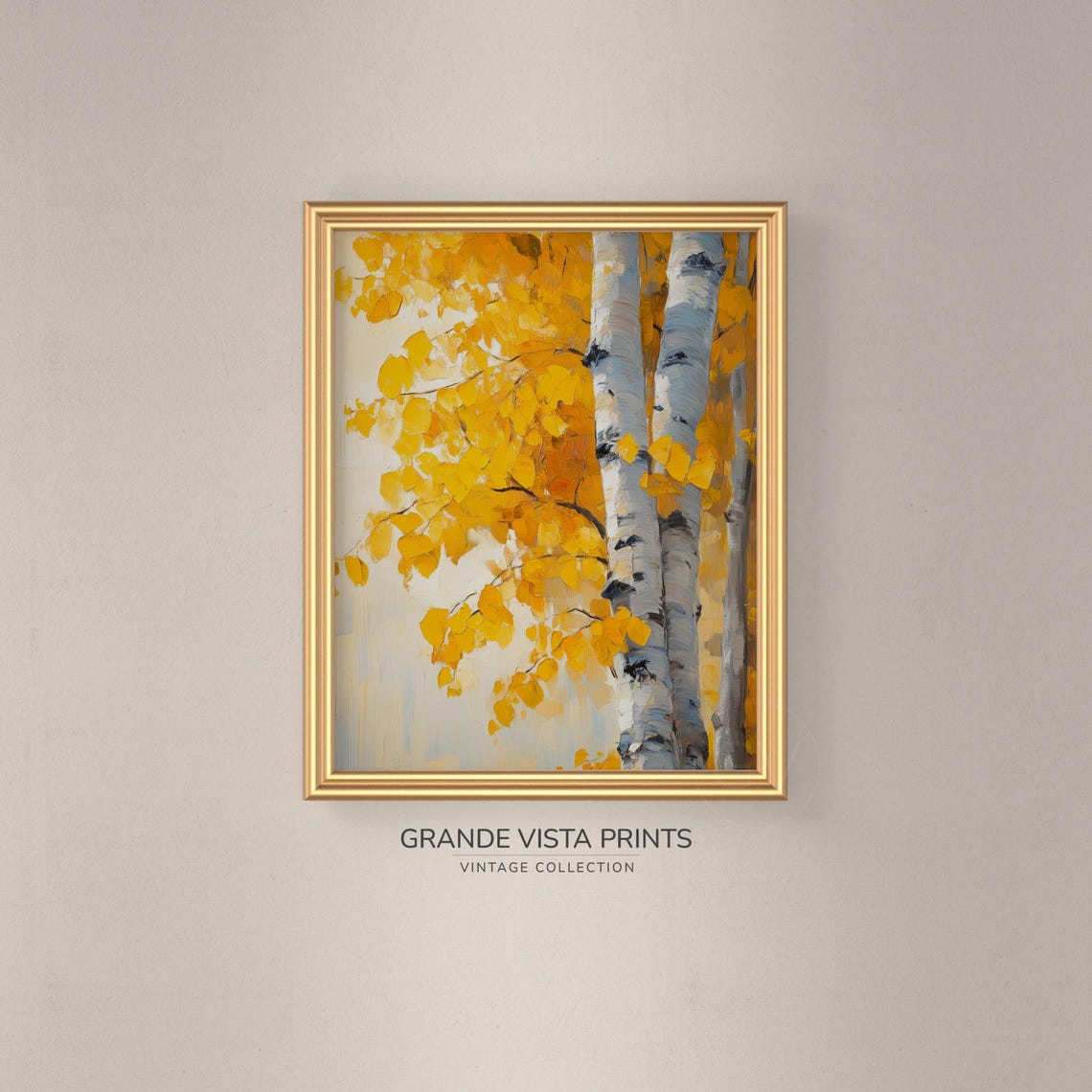 Yellow Aspen Leaves Birch Trunk Close Up Vintage Floral Wall Art - Image 3