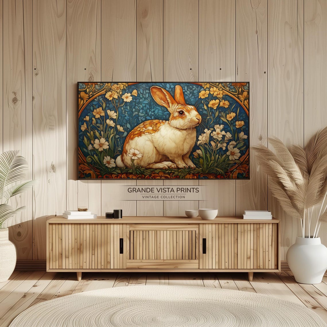 Brown and White Rabbit Among Flowers Art Nouveau Teal Wall Art - Image 2