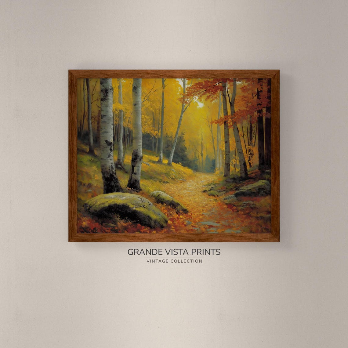 Golden Birch Grove White Trunks Mossy Rocks Sunlit Fall Forest Poster - Image 4