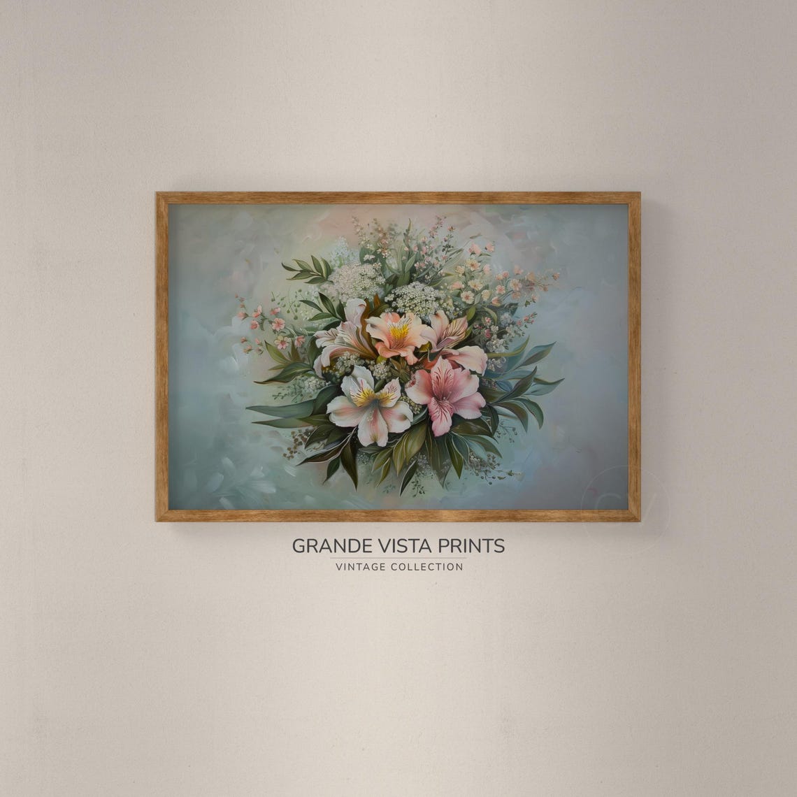 Pink Alstroemeria Bouquet Vintage Floral Still Life Wall Art Print - Image 2