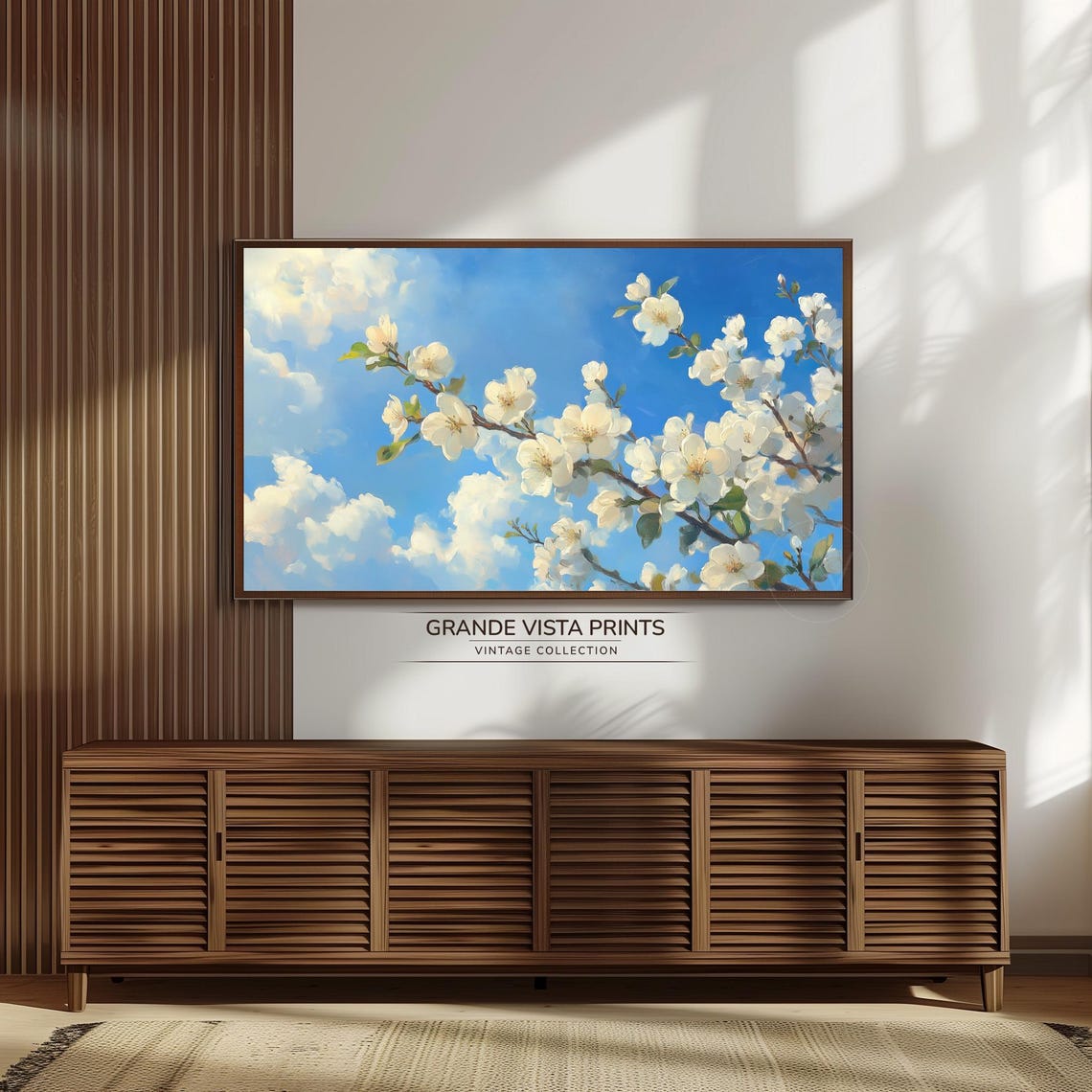 White Cherry Blossoms Against Bright Blue Sky Clouds Spring Wall Art - Image 3