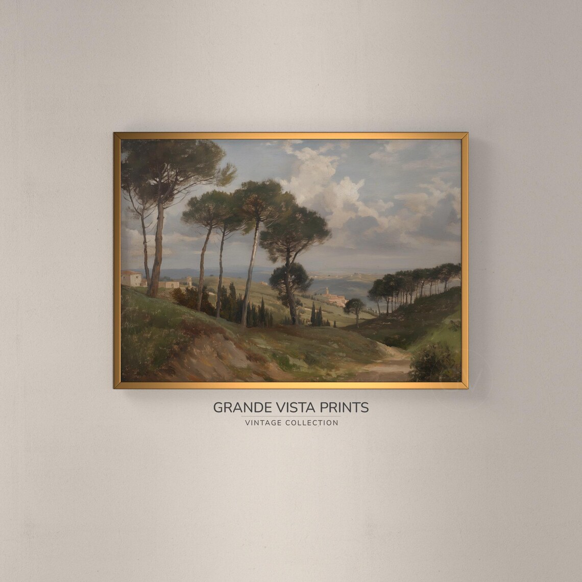European Countryside Umbrella Pine Hills Vintage Oil Painting Poster