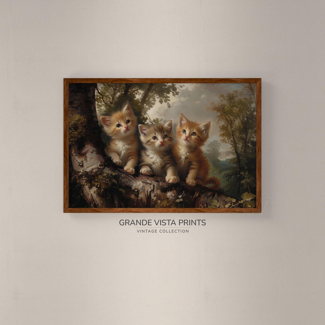 Three Kittens On Tree Branch Vintage Cute Cat Painting Animal Wall Art Poster - Image 2