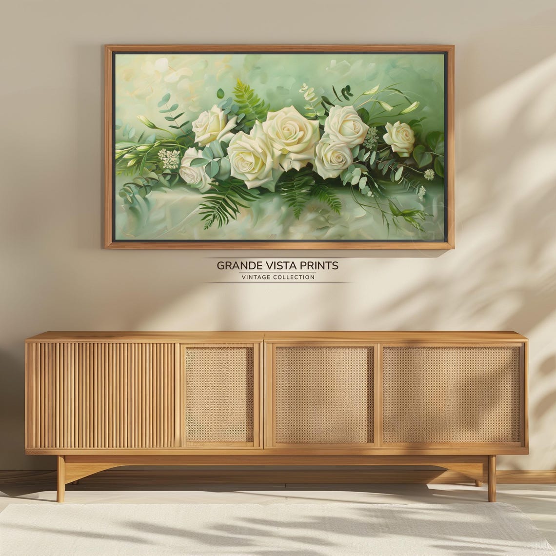 White Roses Eucalyptus Ferns Sage Green Elegant Floral Banner Wall Art - Image 4