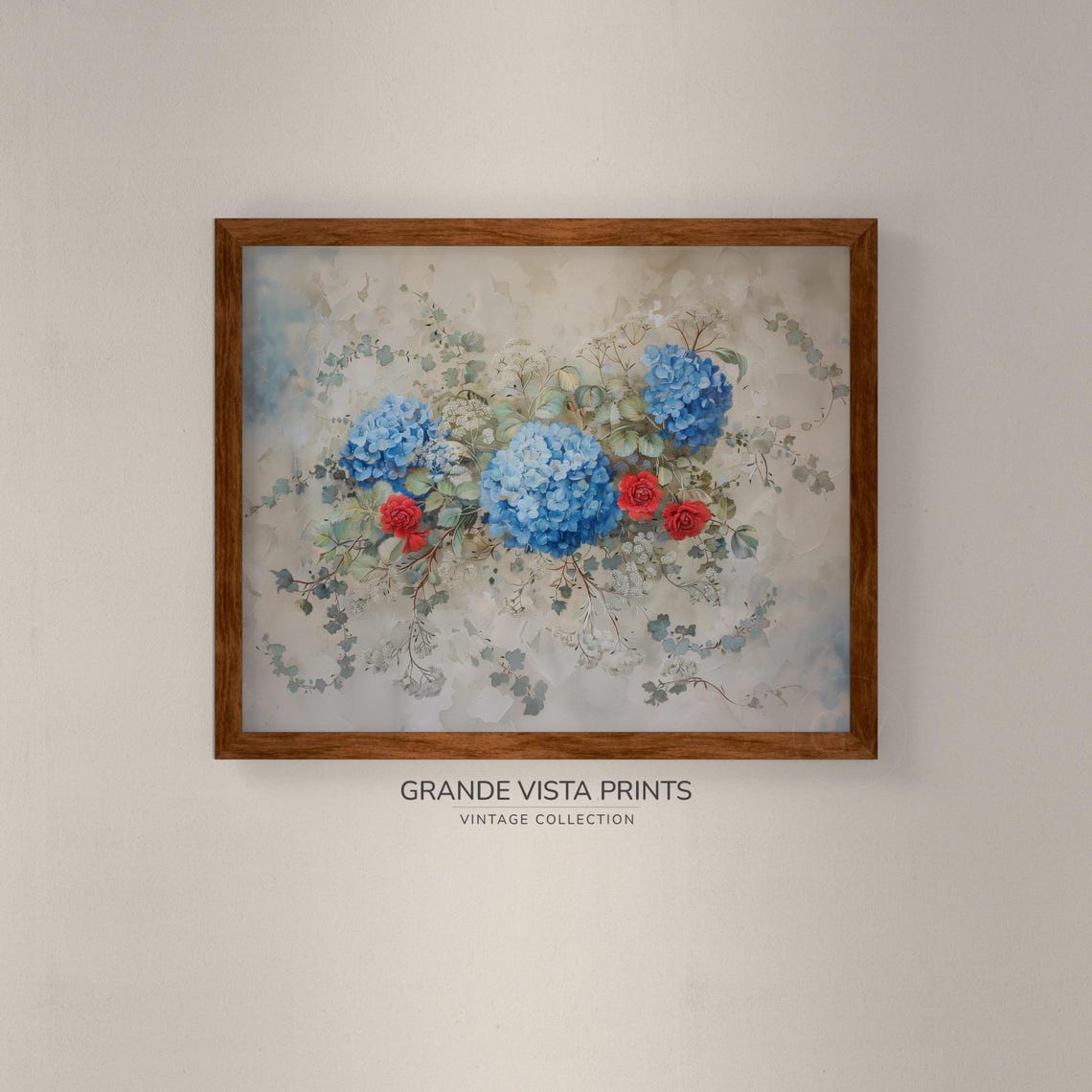 Blue Hydrangea Red Rose Spray Vintage Floral Wall Art Poster - Image 4