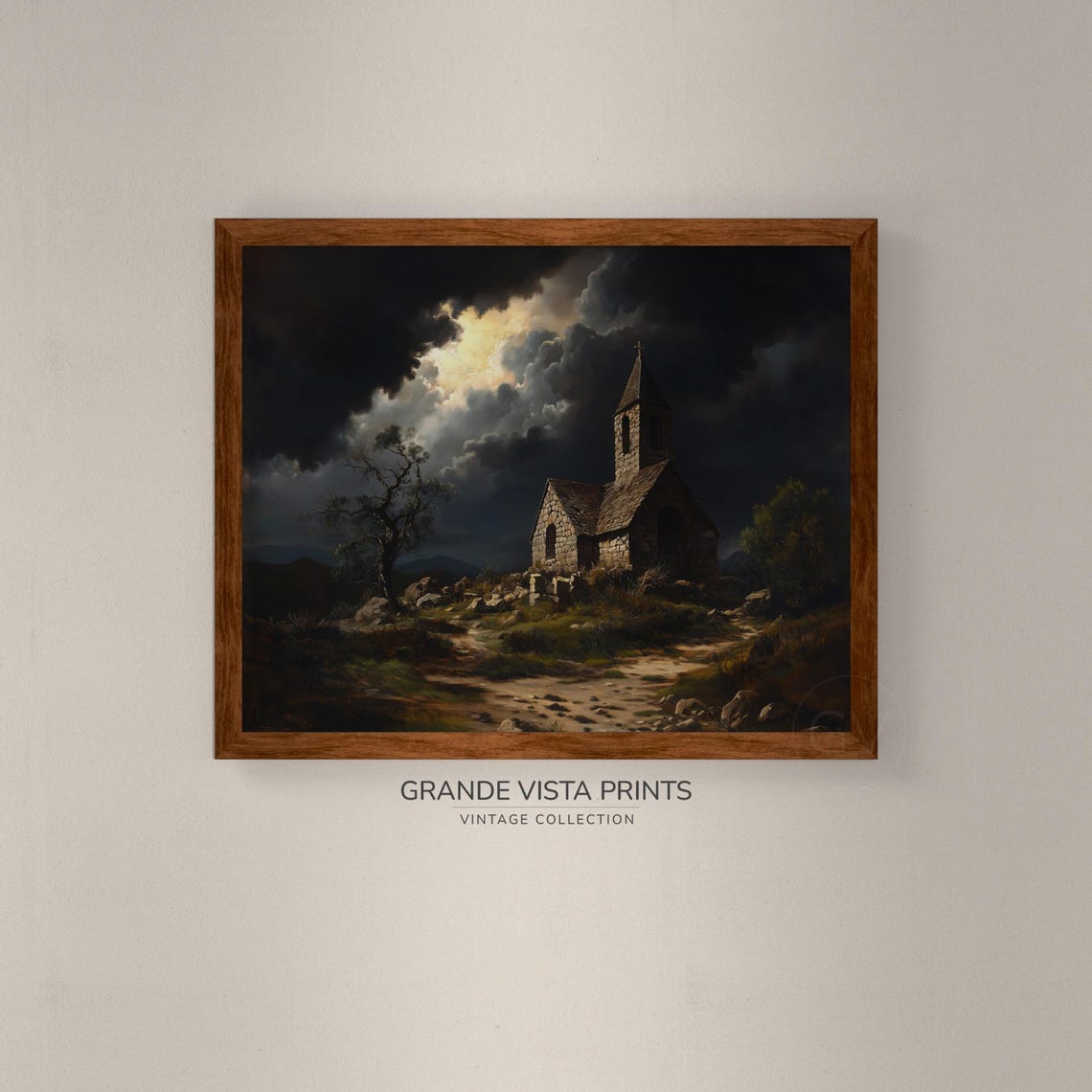 Stone Chapel on Hill Dark Stormy Night Sky Gothic Halloween Art Print - Image 4