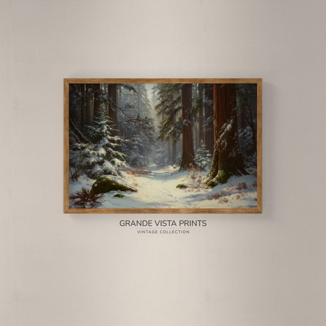 Snowy Redwood Forest Winter Path Sunlit Evergreens Vintage Poster - Image 2