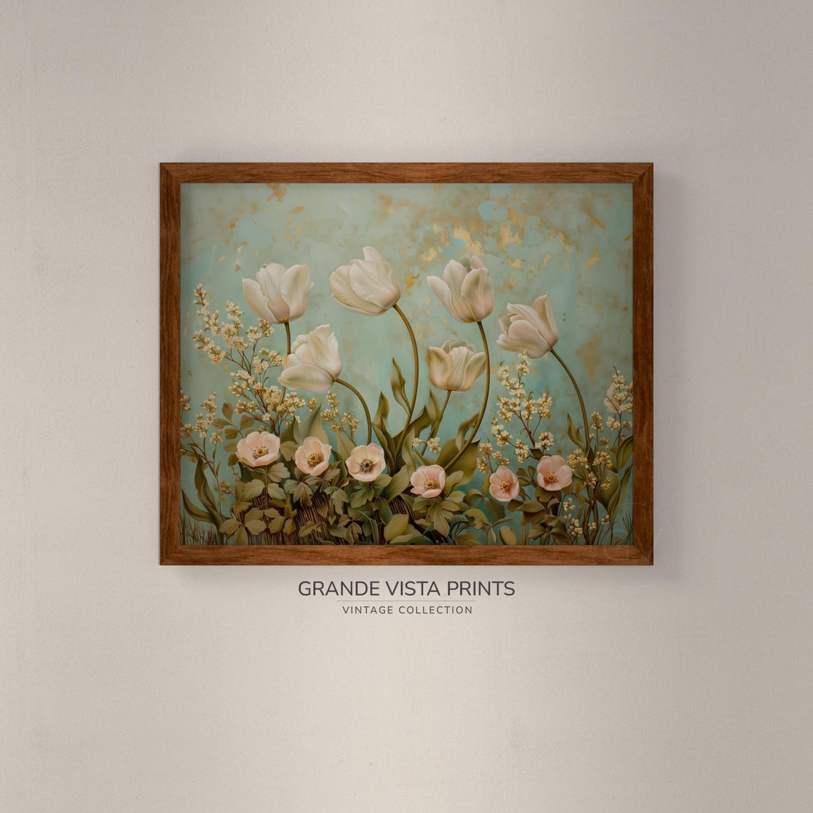 White Tulips Spring Flowers on Teal Gold Vintage Wall Print Poster - Image 4