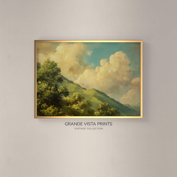 Spring Mountain Landscape, Sunlit Clouds Art Print