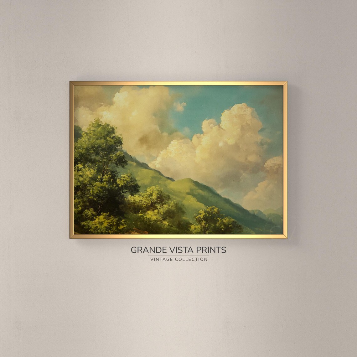 Spring Mountain Landscape, Sunlit Clouds Art Print