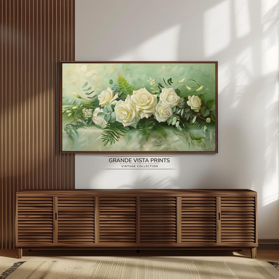 White Roses Eucalyptus Ferns Sage Green Elegant Floral Banner Wall Art - Image 3
