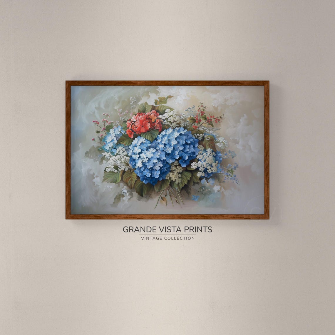 Blue Hydrangeas Red Pink Blooms White Bouquet Vintage Floral Poster - Image 2