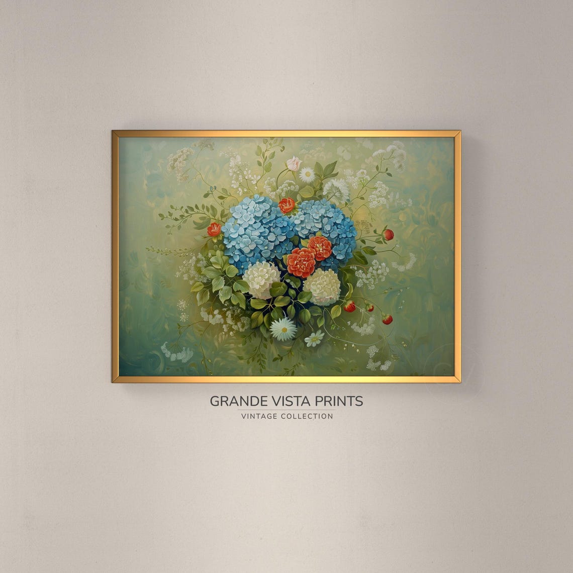 Blue Hydrangea Red Blossom Vine Vintage Floral Wall Art Poster