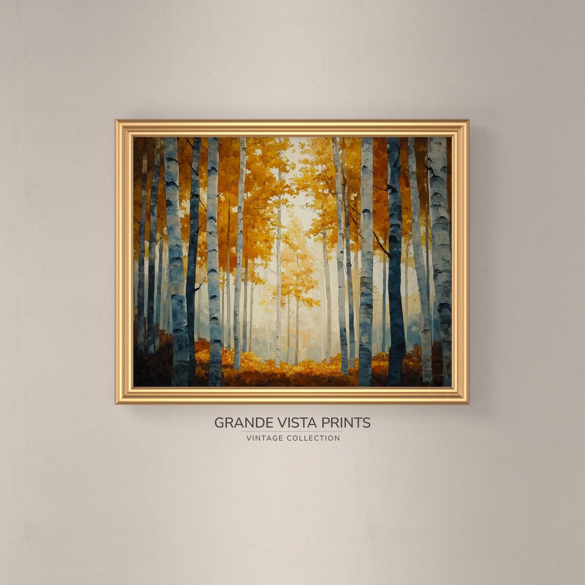 Bright Golden Birch Grove White Trunks Mist Vintage Autumn Art - Image 3