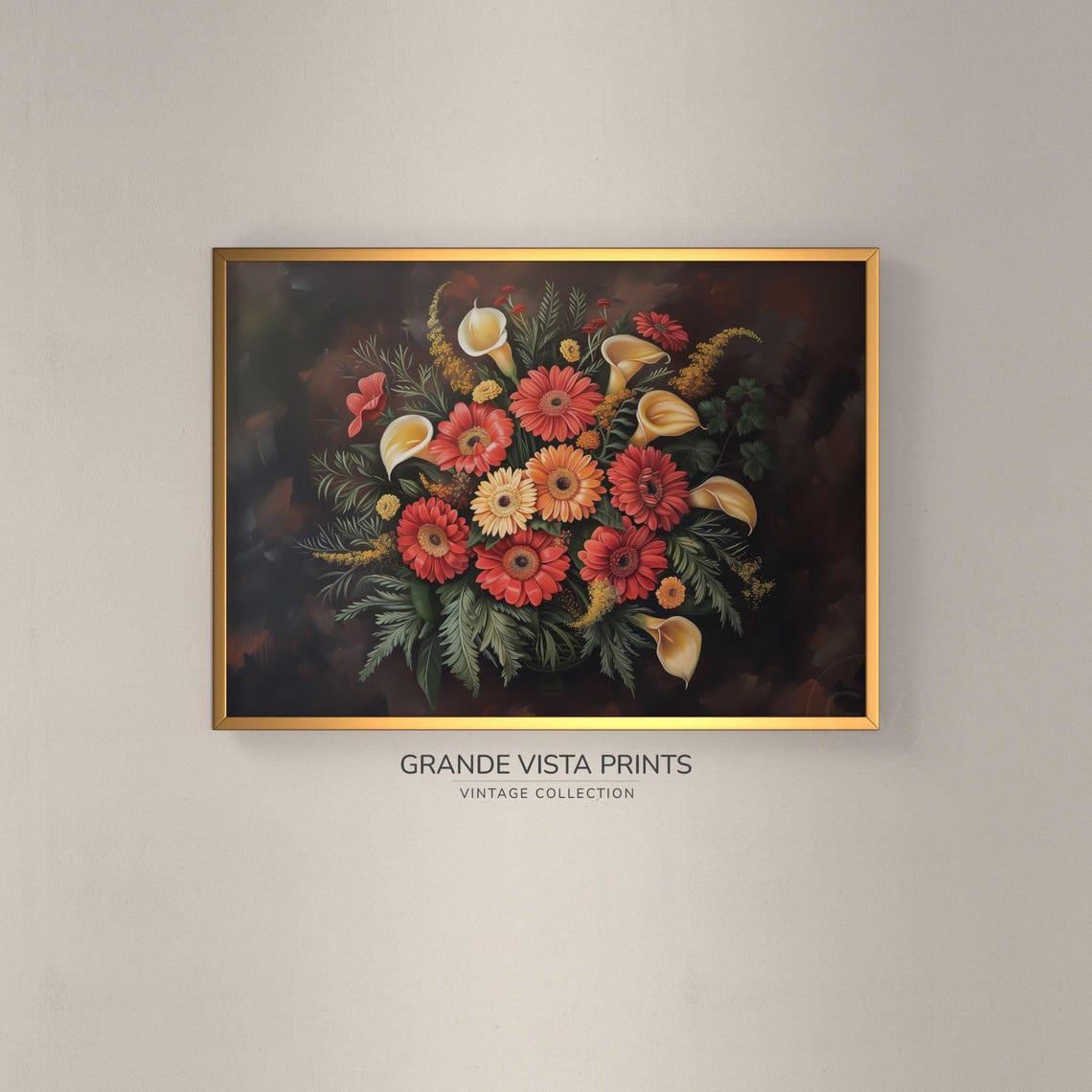 Dark Moody Red Daisy Bouquet Calla Lilies Black Background Wall Art