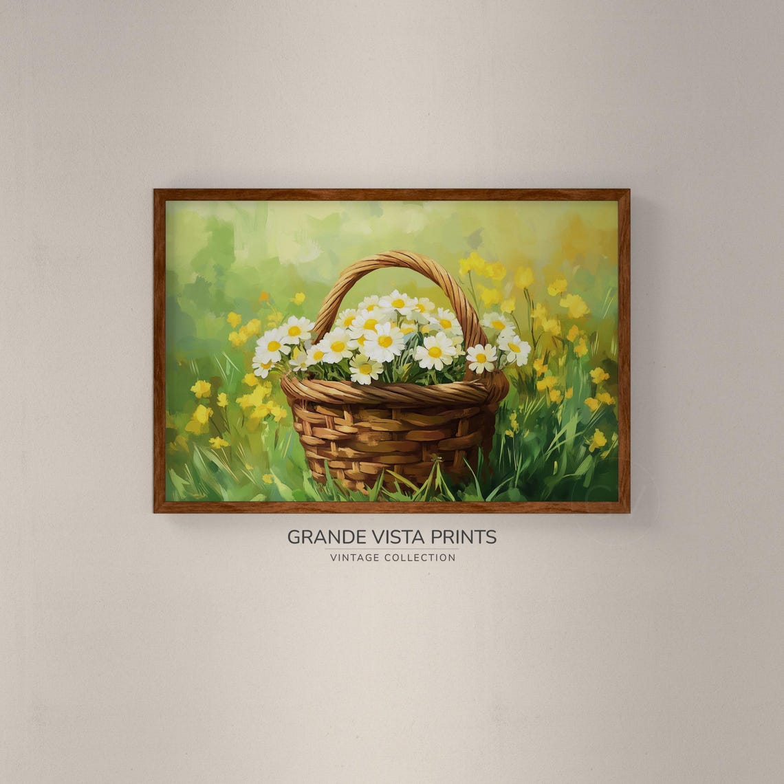 Wicker Basket of Daisies Sunny Meadow Green Yellow Spring Wall Art - Image 2
