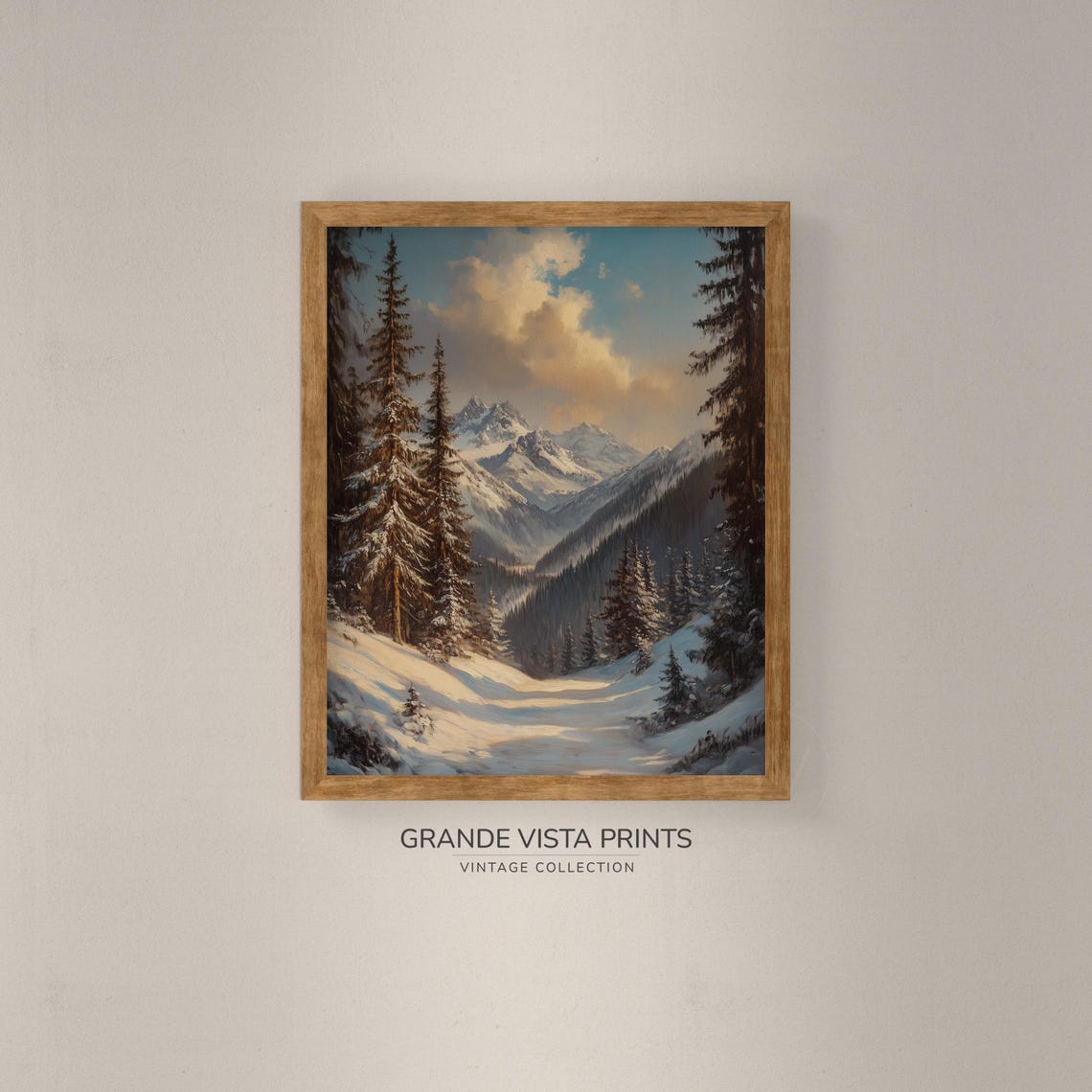 Snowy Mountain Valley Tall Pines Warm Clouds Winter Travel Poster - Image 4