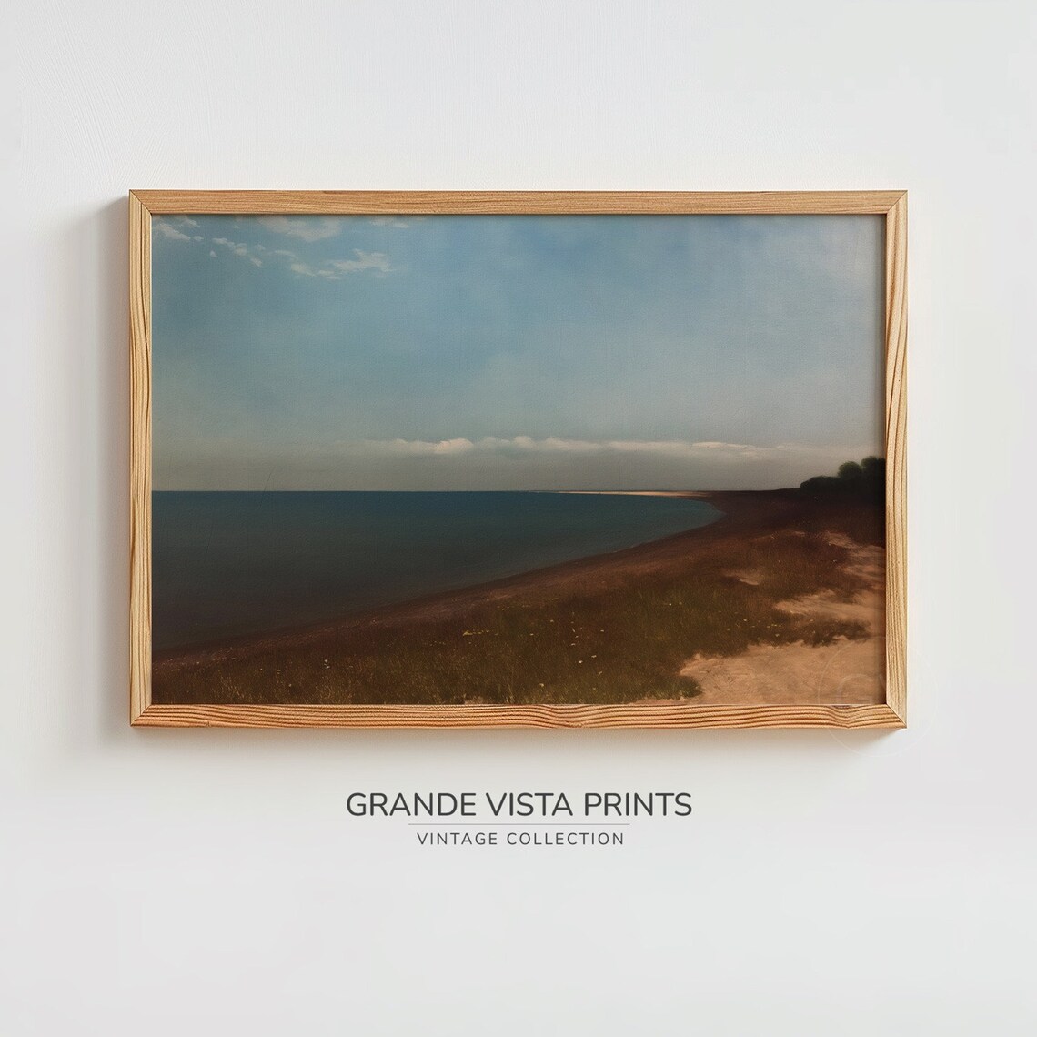 Coastal Meadow Green Sea Pale Blue Sky Vintage Landscape Wall Poster - Image 2