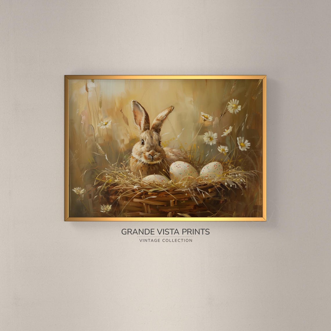 Brown Bunny with Easter Egg Basket in Golden Daisy Meadow Easter Print