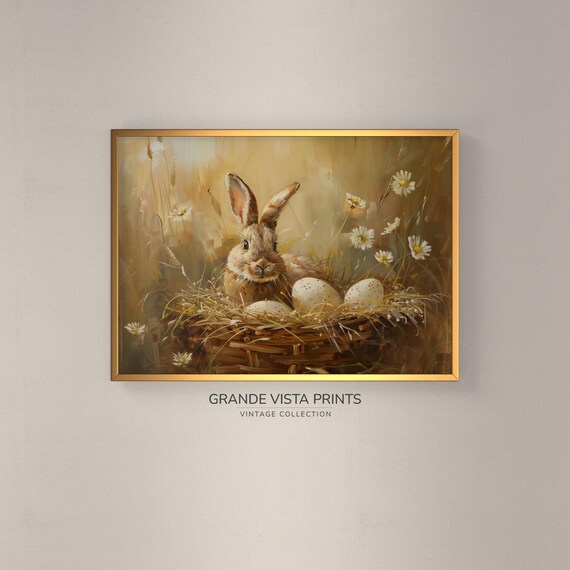 Brown Bunny with Easter Egg Basket in Golden Daisy Meadow Easter Print