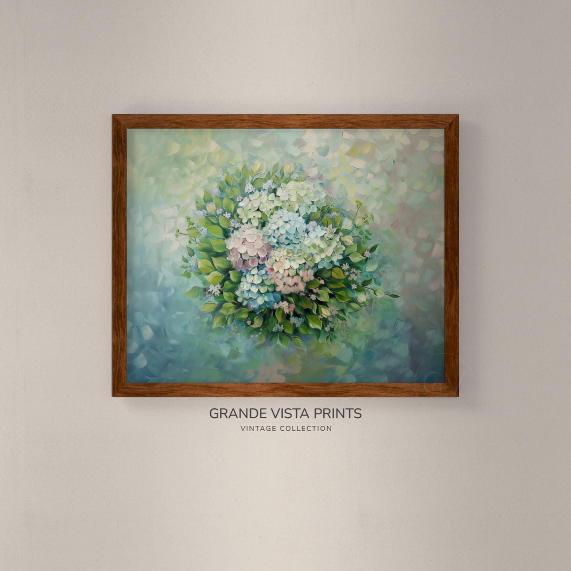 Soft White Blush Hydrangea Circle Bouquet Mint Impressionist Wall Art - Image 4