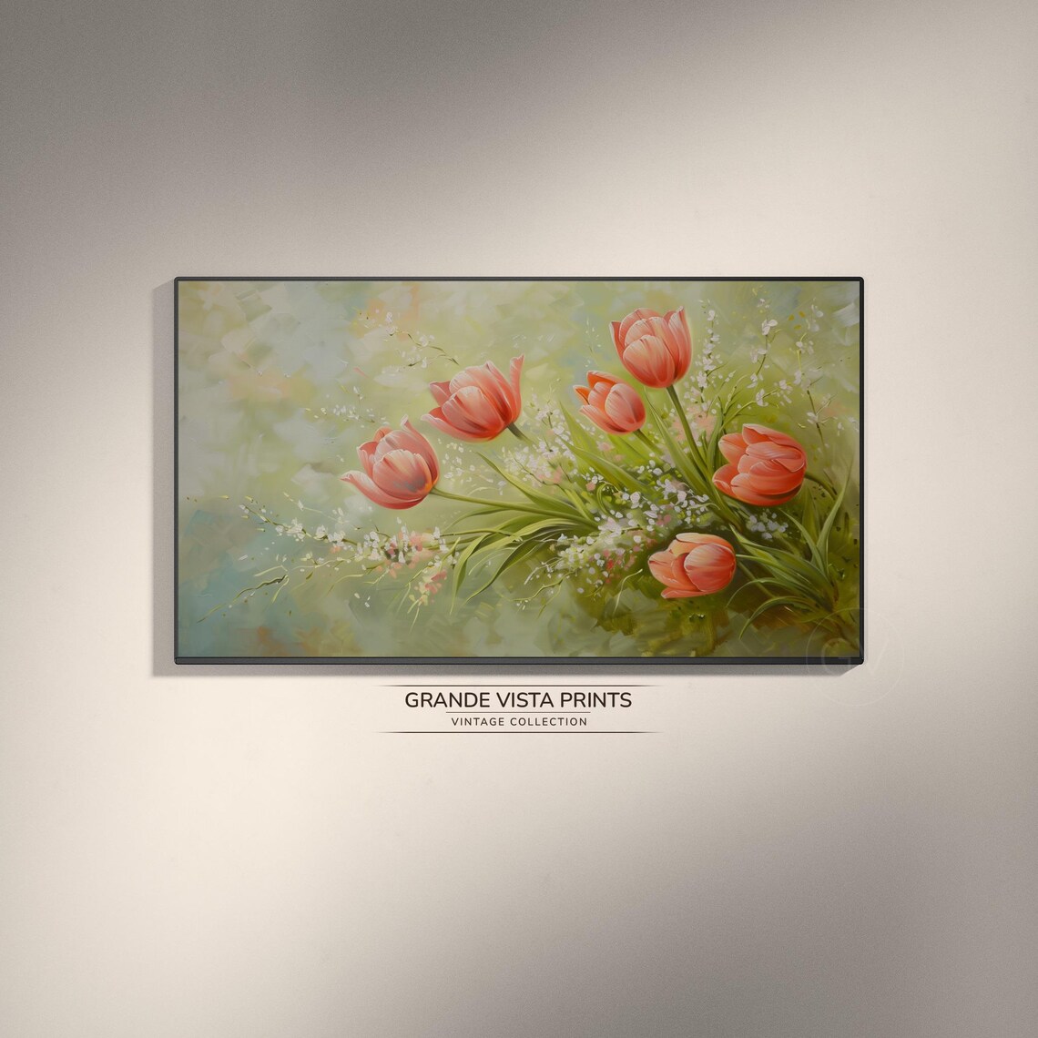 Coral Pink Tulips Babys Breath Soft Green Impressionist Floral Poster